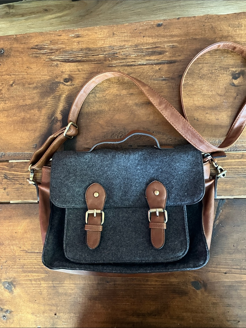 Gray Felt Messenger Bag with Brown Leather Trim unisex